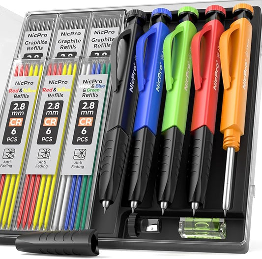Nicpro 5 Pack Mechanical Carpenter Pencil Set with Sharpener & Finger Grip, Mechanical Woodworking Pencils with 41 Refills, Deep Hole Marker Heavy Duty Construction Pencils for Architect- With Case