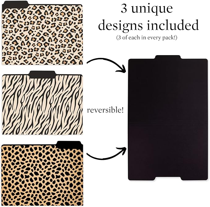 Steel Mill & Co Thick Sturdy File Folders Decorative, Set of 9 File Folders with Tabs and Sticker Labels, Cute Colored File Folders Letter Size, Leopard