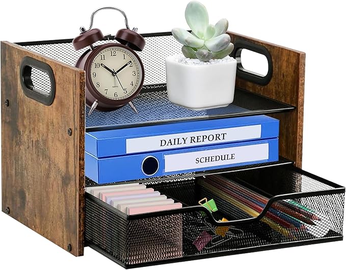 Wood Desk Organizer - 3-Tier Desktop File Organizer with Drawer, Wooden Paper Tray, Office Desk Organzier and Accessories for Papers, Mail, Notebooks, Stationery