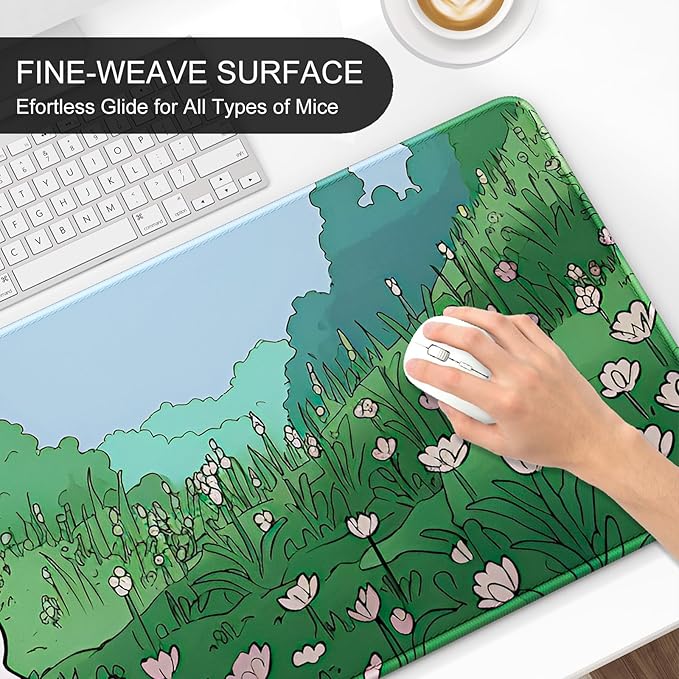 Auhoahsil Desk Mat, Ultra Large Mouse Pad, XXL Gaming Mousepad, Pretty Desk Pad, Big Extended Full Size Desktop Desk Matt for Keyboard, Laptop & Computer, 35.5 x 15.7 in, Anime Bunny Green Grass