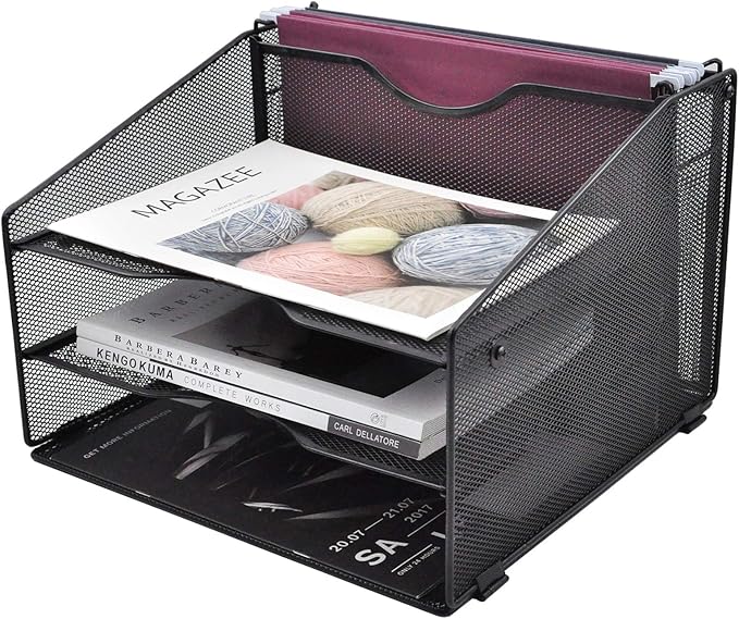 EASEPRES Mesh File Organizer, Desktop Hanging File Holder with 3 Paper Letter Tray and 1 Vertical Upright Compartment, Black