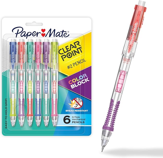 Paper Mate Clearpoint Mechanical Pencil, Break-Resistant, Color Block Edition, HB #2 Lead (0.7mm), 6 Count
