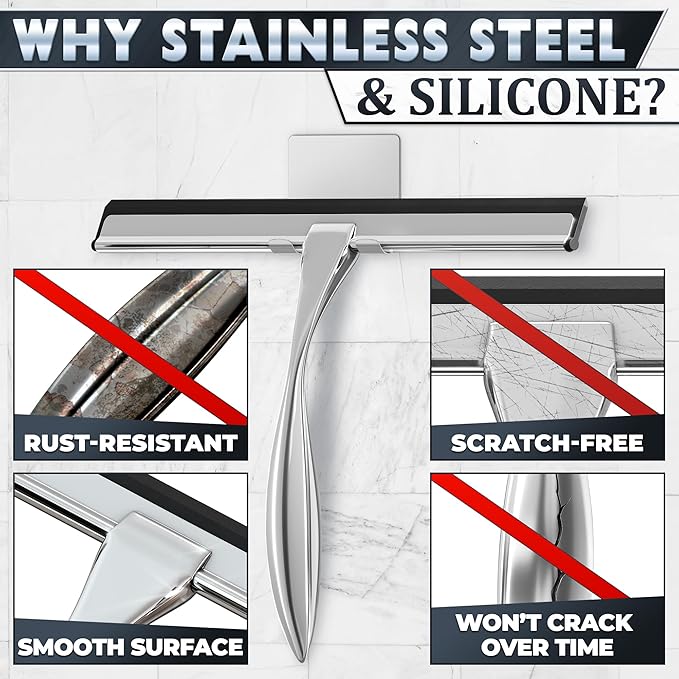 12 Inch Silver All-Purpose Stainless Steel Shower Squeegee for Shower Glass Door with 2 Hooks (Adhesive & Regular), Bathroom Cleaner Tool, Window & Mirror Squeegee for Tile Walls, Car Glass Surfaces