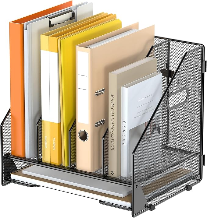 Desk File Folder Holder Organizer-4 Vertical Compartments Racks and Paper Letter Tray,Mesh Magazine File Holder Sorter,Desktop Accessories & Workspace Organizers for Home,Office,School-Black