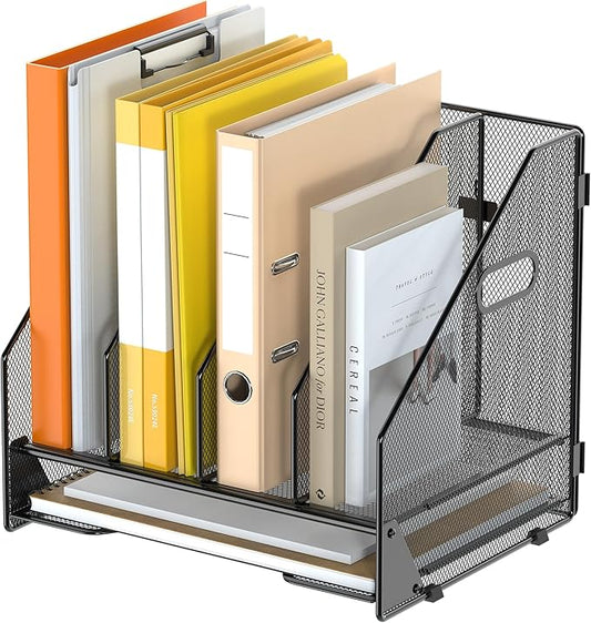 Desk File Folder Holder Organizer-4 Vertical Compartments Racks and Paper Letter Tray,Mesh Magazine File Holder Sorter,Desktop Accessories & Workspace Organizers for Home,Office,School-Black