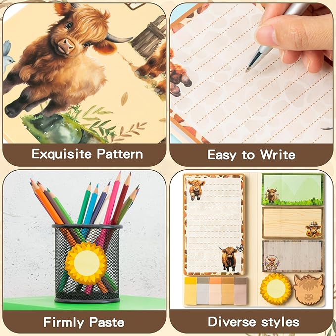 B1ykin Sticky Notes Set - Cartoon Theme Cute Self-Stick Notes Pad Teacher Appreciation Gifts， Self-Adhesive Writing Memo Pages Sticky to Do Notepad for Kids Employee School Office (Highland Cow)