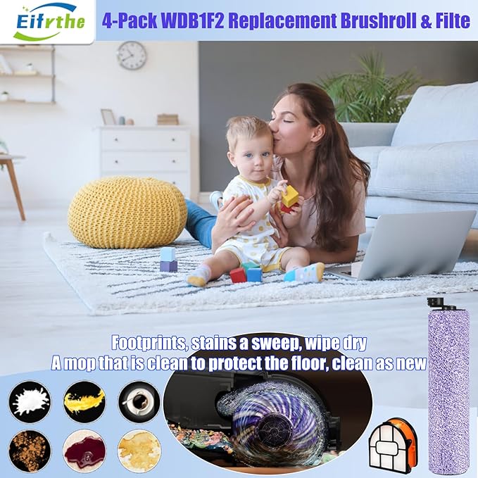 4-Pack WDB1F2 Replacement Brushroll & Filte Bundle for Shark WD101 WD201 WD100 WD200 AW201 WD200C WD201C WD101C AW261 wd160 HydroVac XL 3-in-1 vacuum cleaner, compare parts WDB1, WDB2, WDFF1, WDB1F2