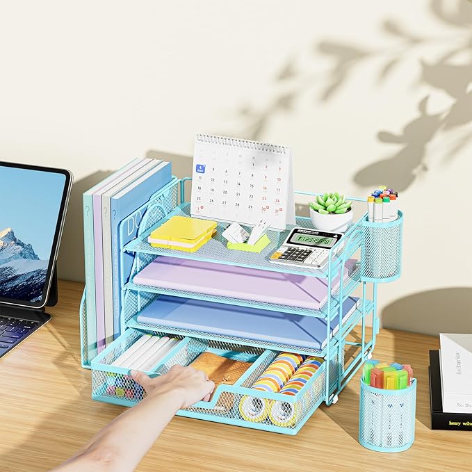 Marbrasse Desk Organizer and Accessories，4-Tier Paper Letter Tray Organizer with File Holder, Desk Accessories & Workspace Organizers with Drawer and 2 Pen Holder (Blue, 15.4" x 9.1" x 8.3")