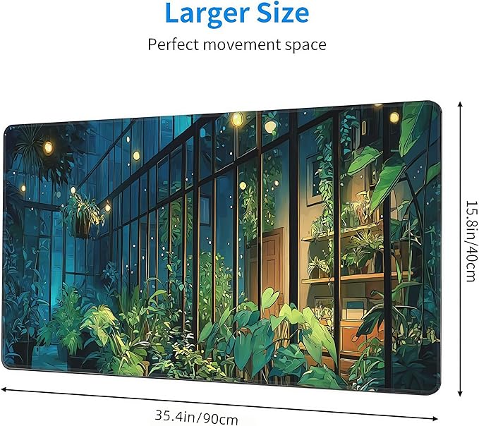 Large Gaming Mouse Pad, Plant Design Desk Mat, 35.4 x 15.8 inches, Green City View Pattern Office Decor Cute Desk Accessories for Women