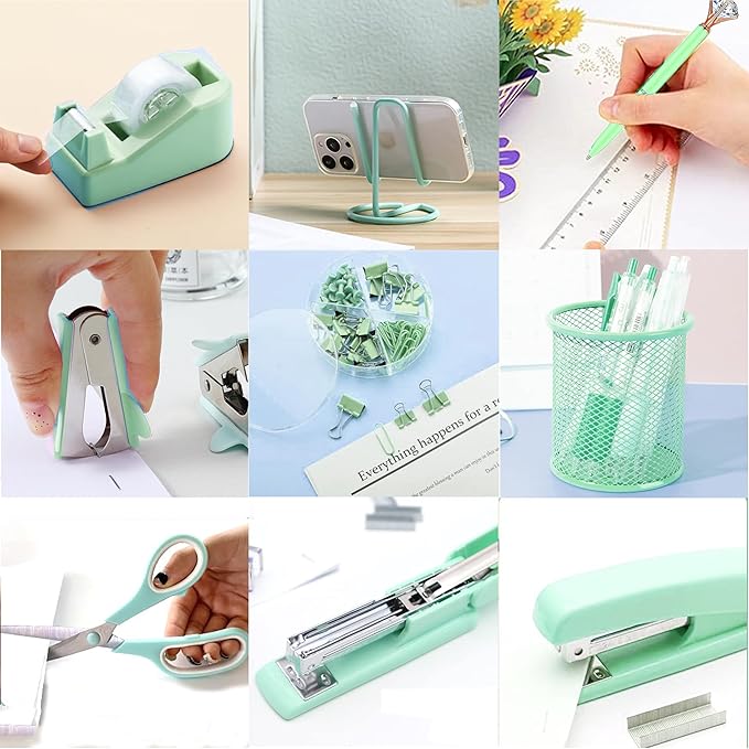 Green Office Supplies, Green Desk Accessories, Stapler, Staple Remover, Tape Holder, Pen Holder, Ballpoint Pen, Scissor, Binder Clips, 1000pcs Staples, Phone Holder, Ruler, Transparent Glue and Notes