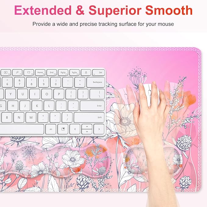 Gaming Mouse Pad Keyboard Wrist Support, 4 in1 Mousepad with Wrist Keyboard Rest, Computer Desk Mat, Non-Slip Desk Pad Protector with Memory Foam Easy Typing Pain Relief I Pink Flowers