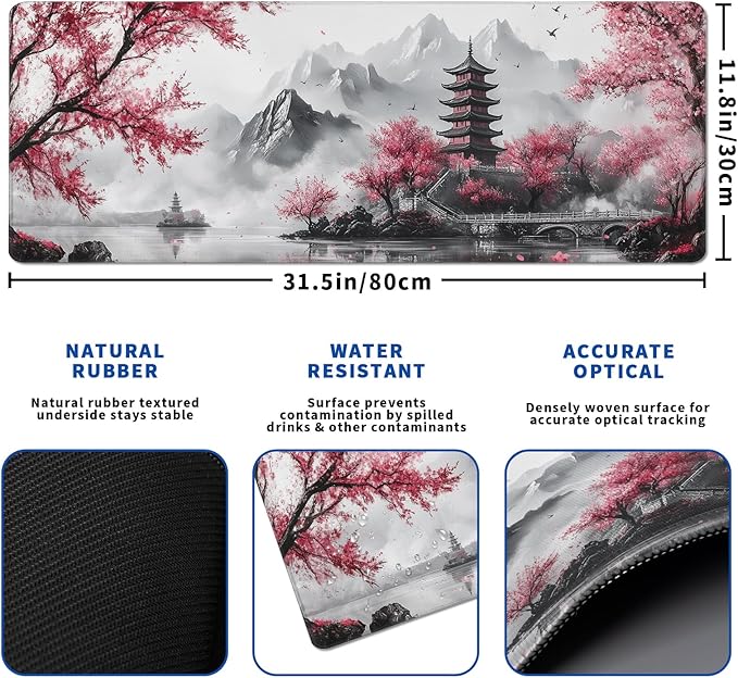 Pagoda Mouse Pad Abstract Cherry Blossom Watercolor Mouse Pad 31.5x11.8 Inch Texture Non-Slip Rubber Base Large Mousepad Stitched Edges Keyboard Mouse Mat Desk Pad for Office and Home