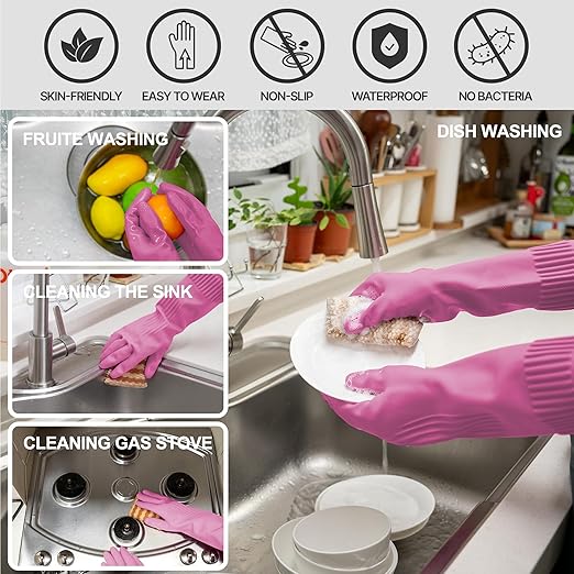 Mamison 2 Pairs Reusable Waterproof Household Dishwashing Cleaning Rubber Gloves, Non-Slip Kitchen Glove (Pink, Large (Pack of 2))