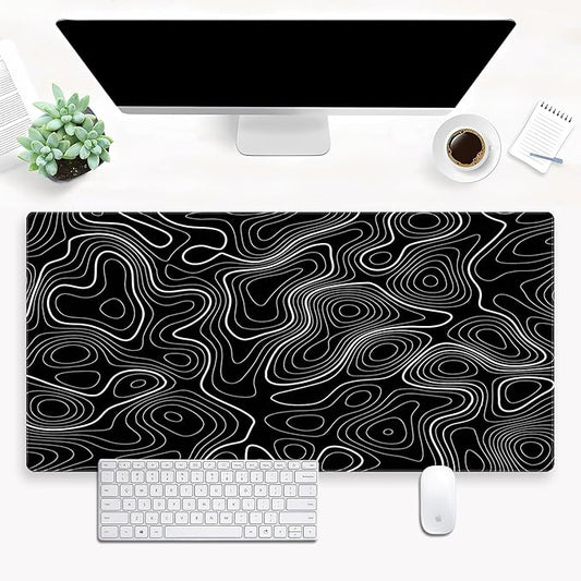 Black Topographic Map Desk Mat - Large Extended XL Gaming Mouse Pad with Stitched Edges, Full Desk Keyboard Mat for Laptop Computer, Abstract Art Desk Decor (31.5"x15.7")