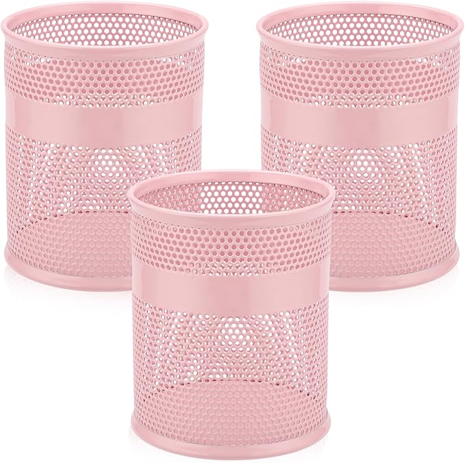 Segarty Pencil Holder, 3 Pack Pink Pen Holder, 3.3 x 3.9 inch Pencils Cups, Round Metal Pens Container Organizer for Office Supplies, School Classroom, Makeup Brush, Home Storage