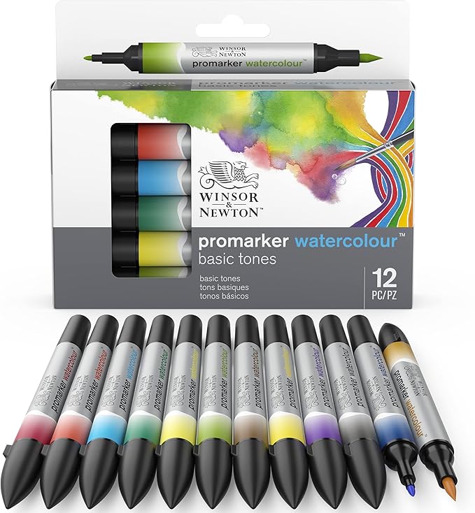 Winsor & Newton ProMarker Watercolor Marker Set, 12 Count, Basic Tones