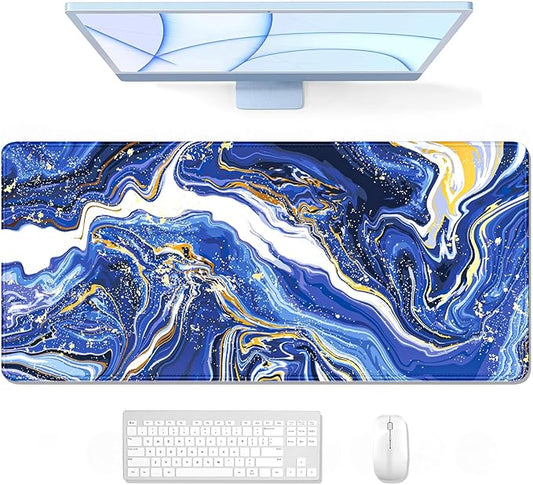 Auhoahsil Large Gaming Mouse Pad, Marble Theme XXL 35.4 x 15.7 in Desk Pad Stitched Non-Slip Rubber Long Computer Mousepad Thin Extended Full Size Desk Mat for Desktop Laptop Wireless Mice, Blue