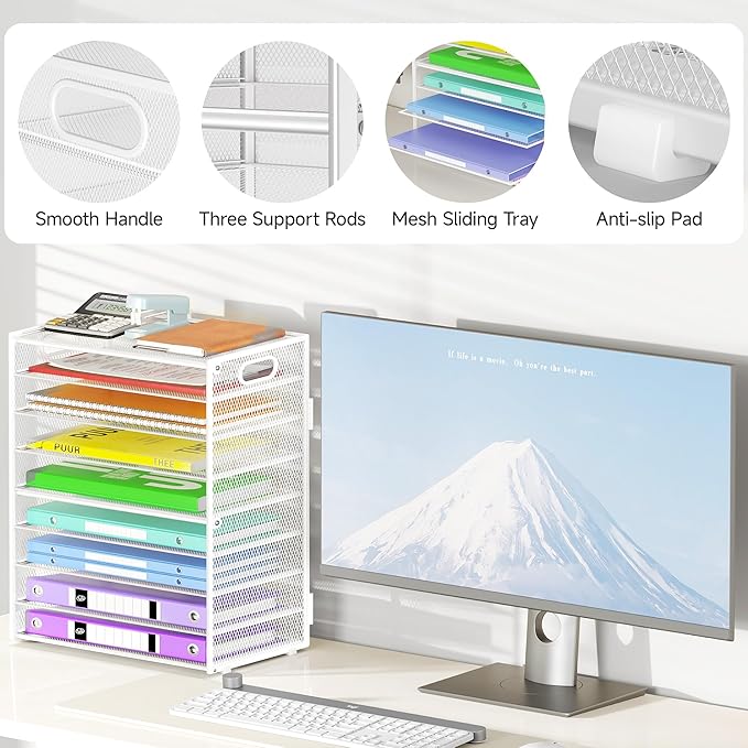 9 Tier Paper Organizer with Handle, Large Capacity Desk Organizer Mesh File Folder Letter Paper Tray Desktop Document Sorter for Classroom, School, and Office Accessories Organization- White