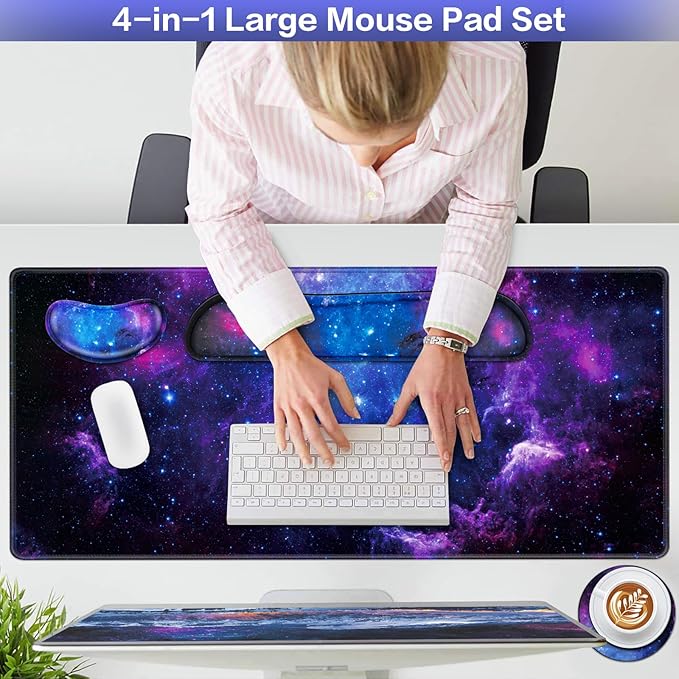 Mouse Pad with Wrist Rest,QOMOLAMA 4-in-1 Large Mousepad+Keyboard Wrist Rest+Mouse Pad Wrist Support+Cup Pad Set,Ergonomic Mouse Pad,Anti-Slip,Memory Foam Desk Mat for Home Office Gaming(35.4×15.7in)