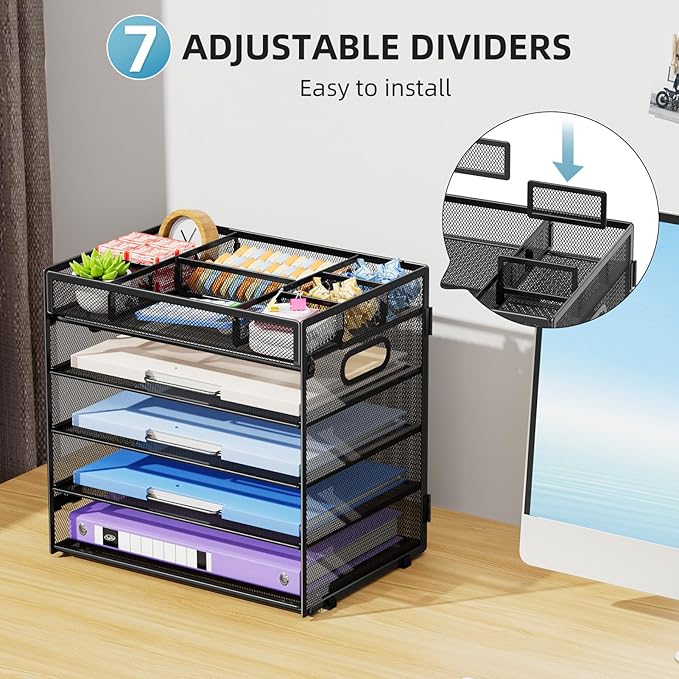 Marbrasse 5-Tier Letter Tray Paper Organizer with Handle, Multi-Functional Mesh File Organizer for Desk, Adjustable Compartments Mesh Desktop Storage for Office Supplies,Black