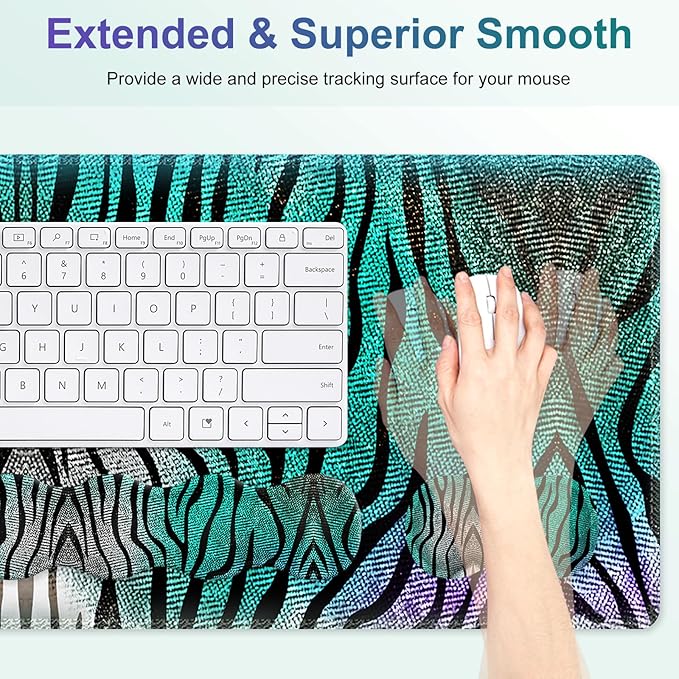 Gaming Mouse Pad Keyboard Wrist Support, 4 in1 Mousepad with Wrist Keyboard Rest, Computer Desk Mat, Non-Slip Desk Pad Protector with Memory Foam Easy Typing Pain Relief I Green Zebra Stripes
