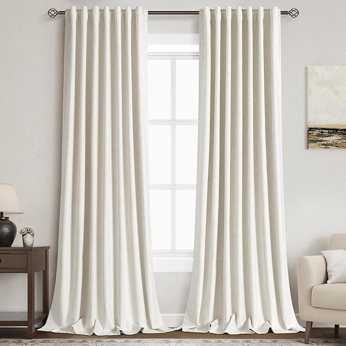 Beige White Linen Blackout Curtains 120 Inches Long Back Tab Rod Pocket Thermal Insulated Noise Reducing Flax Linen Sound Proof Sun Block Out 2 Panels Set for Nursery Extra Long 10 FT 52x120