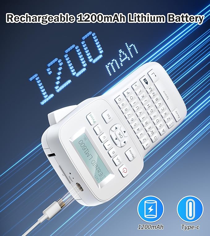 Handheld Label Maker Machine with-Tape Waterproof, Rechargeable Bluetooth Labeler with QWERTY Keyboard, Wire Cable Label Maker with Backlit LCD Screen, Ideal for Home Office School Organization