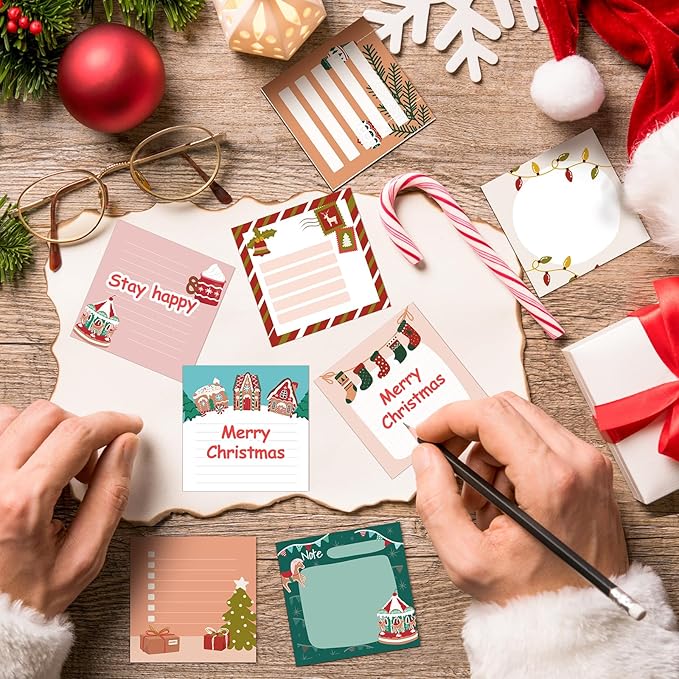 16 Pcs Christmas Sticky Note Pads with Santa Claus，Candy，Socks, Work-Study Notes, 480 Pieces of Self-Adhesive Removable Memo Pads 16 Styles, 30 Sheets Each for Labels, Lists