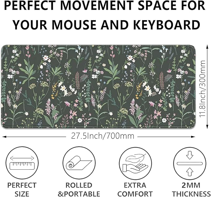 Green Plant Floral Mouse Pad,Large Flowers Mousepad Desk Pad with Stitched Edges,Non-Slip Waterproof Rubber Base Mouse Mat for Office Computer Keyboard Laptop Home(27.5x11.8 in)