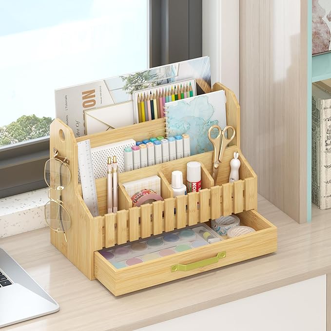 Bamboo Mail Organizer Countertop with Drawers, Wood Desk File Organizer Desktop Paper Organization Storage Bill & Letter Sorter Holder for School Home Office Supplies, No Assembly Required (Nature)