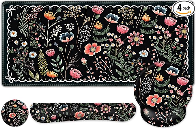 Flower Desk Mat, 4in1 Large Mouse Pad with Wrist Rest, Desk Matt for Desktop, Desk Pad Mat, Anti-Slip XXL Computer Ergonomic Mousepad with Wrist Support for Keyboard and Mouse I Black Florals Weeds