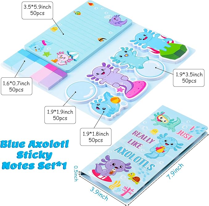 Xqumoi I Just Really Like Axolotl Sticky Notes Set, Animal Mexican Walking Fish Shaped Self-Stick Notes Pads Writing Memo Pad Page Marker Bookmarks Back to School Office Supplies Party Favors (Blue)