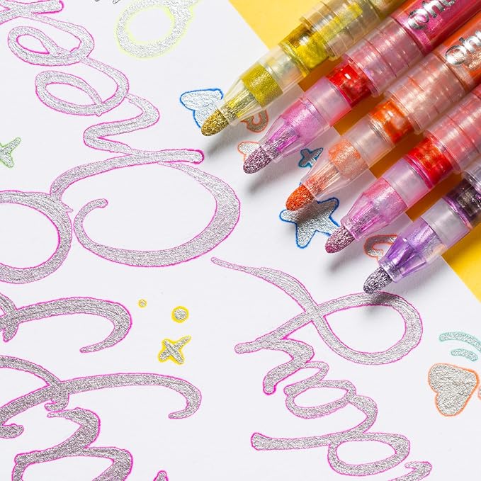 Ohuhu Outline Markers 18 Colors: Shimmer Metallic Double Line Drawing Pens for Adults Beginners Fun Crafts Art Supplies Gift Idea for Birthday Greeting Cards Glass Rock Plastic