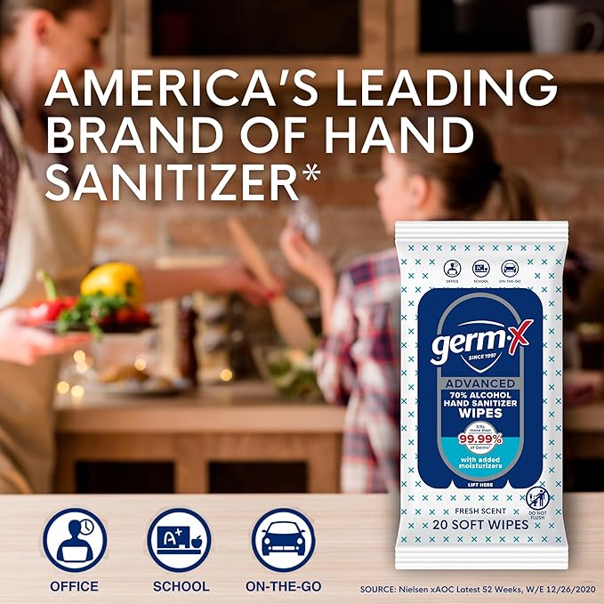 Germ-X Advanced Single-Use Hand Sanitizer Wipes, 20 Soft Wipes (Pack of 10), Fast-Drying & No Rinse Plant-Based Alcohol, Moisturizing Hand Sanitizer with 70% Alcohol