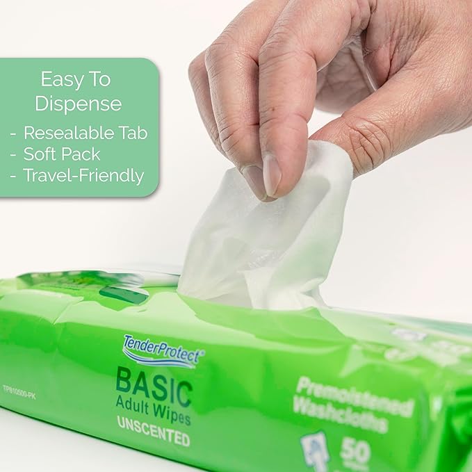 TenderProtect® Basic Adult Wipes, Large 8” x 10”, Super Soft Wash Cloths for Skin Cleansing, Everyday Wipes for Adults and Babies, Incontinence Care, Unscented & Hypoallergenic, 500 count(10pks of 50)
