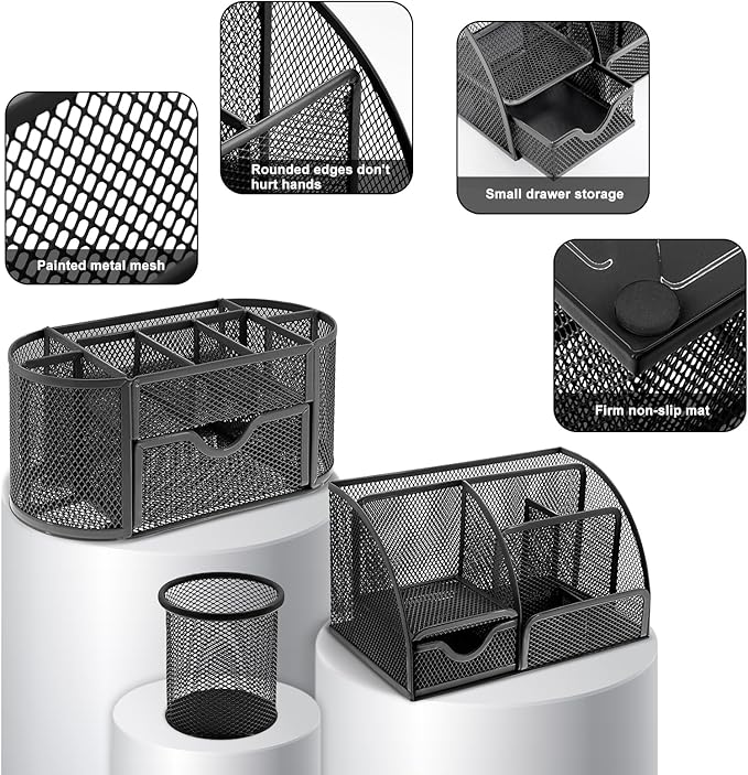 17 in 1 Black Desk Organizers and Accessories Set, 3 Office Desk Supplies Storage Organization, 4 Pens, Stapler, Staples & Remover, Tape & Dispenser, Scissors, Ruler, Clips, Hole Punch, Back to School