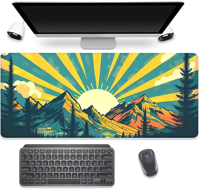 Sun Rays Mountains Forest Desk Pad Mouse Pad,Large Gaming Mouse Mat with Stitched Edges,Non-Slip Waterproof Rubber Base Mousepad for Office Work Home Desk Mat(27.5X11.8 in)