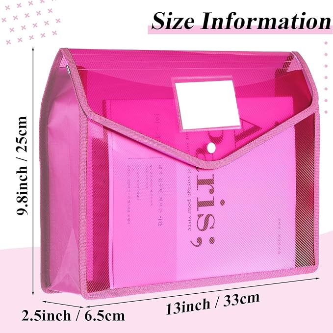 10 Pieces Plastic File Folders Envelope Expanding File Wallet Organizer Documents Folder with Snap Closure and Pocket, A4 Size Waterproof Transparent Pouch(Pink,Horizontal)