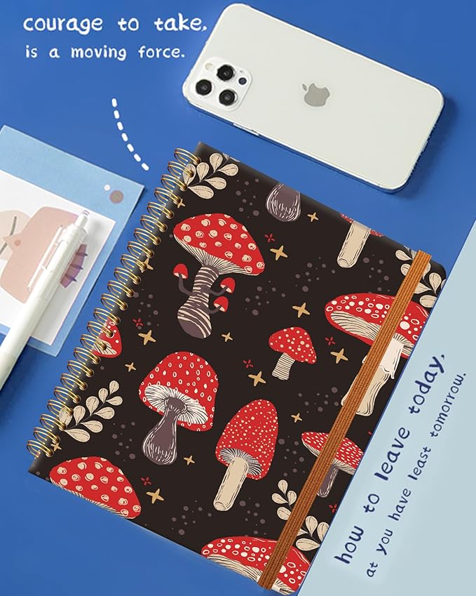 Ruled Spiral Writing Notebook,A5 Hardcover Lined College Journal for Women,Strong Twin-Wire Binding with Premium Paper,8.4" X 6",Perfect for School,Office,Home(Cute Mushroom)