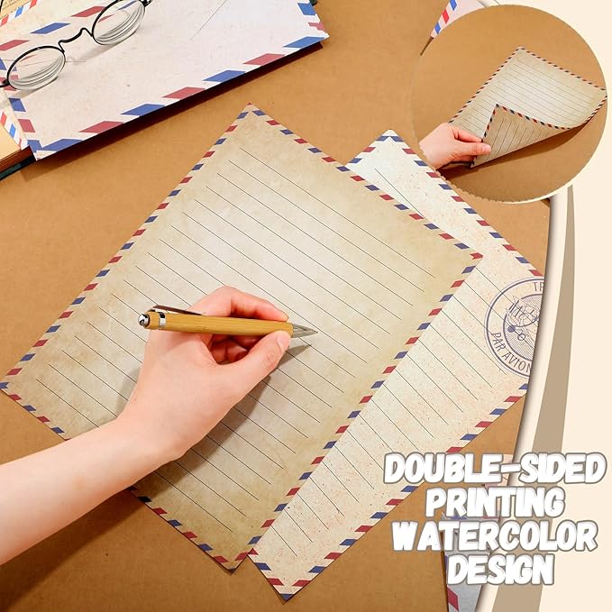 TaoBary 160 Pcs Stationery Paper Set 50 Double Sided Stationery Papers with 50 Matching Envelopes and 60 Round Dot Sticker, 10 Design(Vintage Travel,8.5 x 11 Inch)