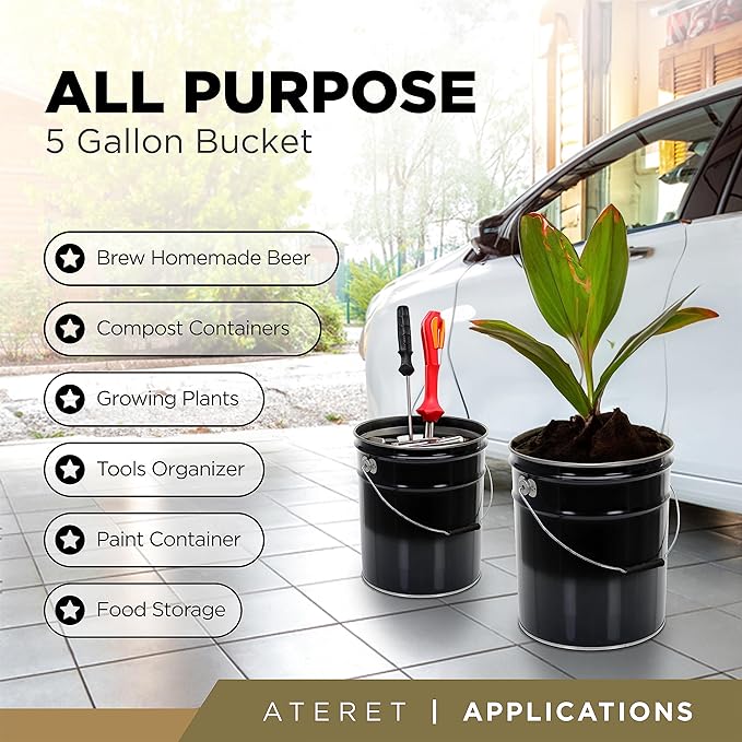 ATERET 5 Gallon Black Metal Bucket, Heavy Duty Durable Steel Open Head Pail with Handle for Outdoor and Household Use (6 Pack - Bucket Only)