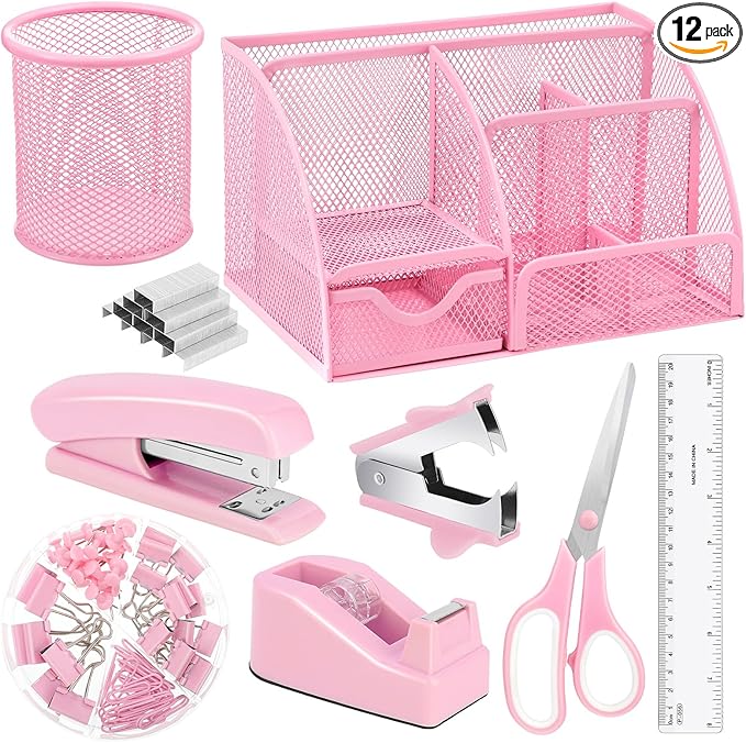 Pink Desk Organizers and Accessories, Pink Office Supplies Include Mesh Desk Organizer, Tape Dispenser, Stapler, 1000 Staples, Staple Remover, Pen Holder, Clips Set, Ruler, Scissors