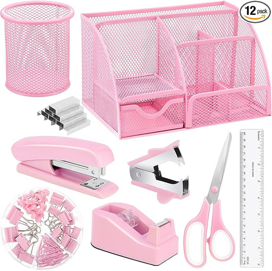 Pink Desk Organizers and Accessories, Pink Office Supplies Include Mesh Desk Organizer, Tape Dispenser, Stapler, 1000 Staples, Staple Remover, Pen Holder, Clips Set, Ruler, Scissors