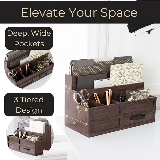BLU MONACO Brown Wood Mail Organizer with Drawer & Pen Holder – Desk Organizer for Bills, Storage, Countertop & Kitchen