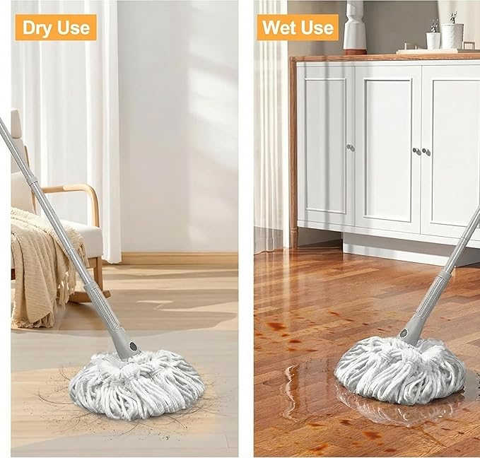 TRENNCHI Self Wringing Mop for Floor Cleaning with 2 Reusable Heads, Easy Wringing Twist Mop with 55 Inches Long Handle and Top Scouring Pad, Wet and Dry Mops