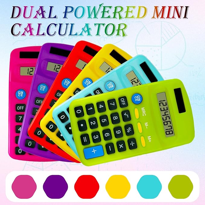 Blcculi 12 Pack Pocket Mini Calculators,Pocket Size Basic Calculators,Solar Battery Dual Power Function Calculator,8 Digit Display Small Calculator for Students Kids Home Office(6 Colors)