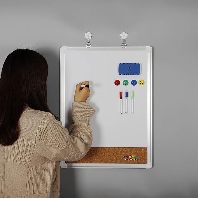 White Board Cork Board Combo - 18x24 in Dry Erase Board with Cork and 1 Magnetic Eraser, 4 Dry Wipe Markers, 4 Magnets and 10 Pins - Wall Hanging Whiteboard with Corkboard for Home and Office