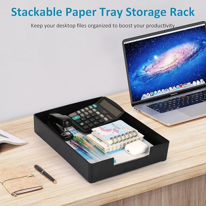 Stackable Letter Tray Paper Organizer, A4 Size Desk Holder for Letter Paper/Stationery/Desk Accessories, Black Holder File Organization for Office, School, Home Storage (2 Pack)