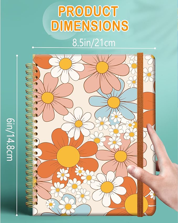 Ruled Spiral Writing Notebook,A5 Hardcover Lined College Journal for Women,Strong Twin-Wire Binding with Premium Paper,8.4" X 6",Perfect for School,Office,Home(Orange Pink Flowers)
