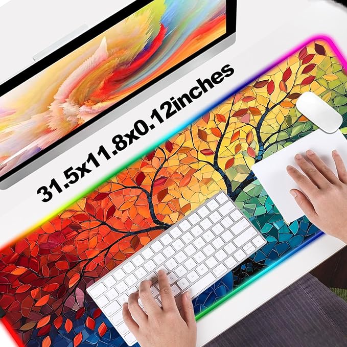 RGB Fantasy Tree of Life Gaming Desk Mat, Computer Keyboard Large Extended Long Abstract LED Mouse Pad for Office and Home, XL (W04)